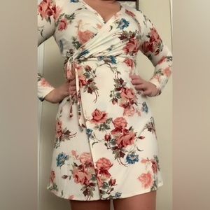 Long Sleeve Cream Floral Wrap Dress